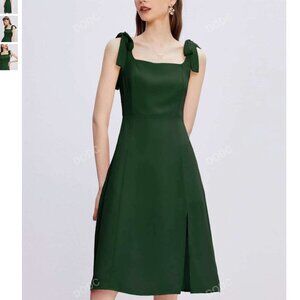 Tie Shoulder Split Hem Cami Dress - Green Midi Dress with Bow Sleeves & Slit